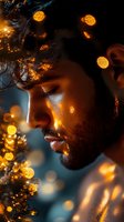 Young bearded man in profile with warm golden bokeh lights and Christmas decorations creating magical holiday atmosphere against dark background.