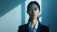 Professional Asian businesswoman in dark suit with dramatic lighting and shadows for corporate presentations and marketing materials.