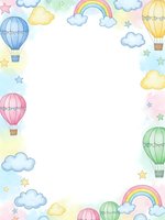 Watercolor hot air balloons and rainbows frame with clouds and stars on white background. Nursery decor, baby shower invitation, children greeting card design.