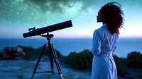 Young African American woman in white dress observing night sky through telescope against starry background and ocean view. Astronomy enthusiast studying celestial objects.
