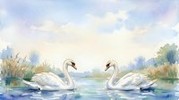 Two white swans swimming together on a calm lake surrounded by reeds and trees, watercolor style illustration for nature and wildlife designs.