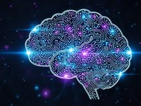 Digital brain with circuit board patterns glowing in neon blue and purple colors against dark space background for AI and technology concepts.