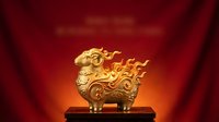 Golden ornate sheep sculpture with decorative swirls and flames on wooden base against red gradient background for luxury decor and feng shui design.