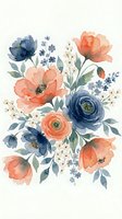 Watercolor floral bouquet with coral peonies and navy blue ranunculus flowers on white background for wedding invitations and spring decor projects.