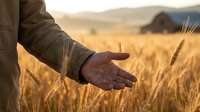 Farmer hand touching golden wheat ears in field during sunset harvest season with mountains in background for agriculture and farming concepts.