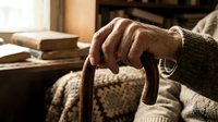 Senior adult hand resting on wooden cane indoors, wearing warm sweater. Elderly person with mobility aid in cozy home setting for healthcare and aging themes.