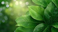 Fresh green leaves with morning dew drops against blurred bokeh background in sunlight. Natural macro photography composition for spring and eco themes.