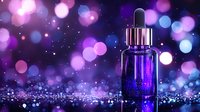 Luxurious purple glass dropper bottle on sparkling glitter background with magical bokeh lights and dreamy purple atmosphere for cosmetic product presentation.