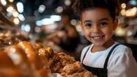 Young mixed-race child in apron holding fresh baked pastries at bakery counter with warm bokeh lights and blurred background creating cozy atmosphere.