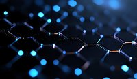 Glowing molecular structure with blue light effects on dark background shows scientific concept of chemistry, biology, or quantum computing technology.