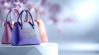 Elegant purple leather handbag on white podium with pink bag in soft focus background. Luxury fashion accessories photographed in studio with dreamy bokeh effect.