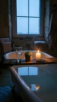 Serene bathroom spa setting with lit candle, succulent plant, and glass of water on tray beside bathtub near window at dusk for relaxation and wellness concepts.