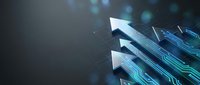 Upward arrows with digital circuit patterns and glowing blue lines represent growth, progress, and technological advancement in business and finance.