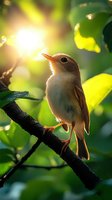 Small brown songbird perched on tree branch at sunrise, backlit by golden morning light through green foliage, creating dreamy natural atmosphere.