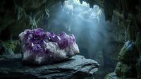 Large amethyst crystal cluster on rocky ledge inside mystical cave with dramatic sunlight beams streaming through opening above creating magical atmosphere.