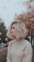 Young Caucasian woman with platinum blonde wavy bob haircut in cozy cream sweater against autumn background with soft bokeh effect and falling leaves in muted tones.