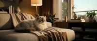 Fluffy gray and white cat relaxing on beige sofa in cozy living room with warm lighting and plants. Perfect for home decor and pet lifestyle content.