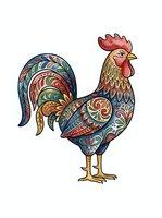 Ornamental rooster with intricate mandala patterns and colorful decorative details isolated on white background, ready for design projects and print applications.