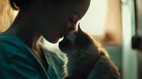Young Asian woman in medical scrubs sharing tender moment with cat in warm sunlight, creating atmospheric healthcare scene highlighting human-animal bond and veterinary care.