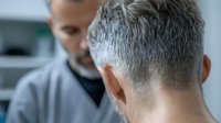 Mature man with gray hair and beard receiving professional haircut and styling in modern barbershop setting, demonstrating contemporary grooming services.