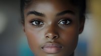 Young African American woman with natural makeup and glowing skin looking directly at camera with confident expression in soft lighting for beauty and skincare concepts.