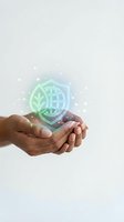Hands holding glowing neon shield with leaf and globe icon, representing environmental protection, sustainability, and green technology solutions for eco-friendly business concepts.