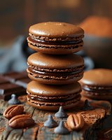 Stack of chocolate macarons with ganache filling on rustic wooden surface, surrounded by pecans and chocolate chips, moody food photography with warm tones.