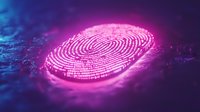 Glowing pink fingerprint scan on dark background with futuristic digital effect, security concept for biometric authentication and identity verification.