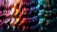 Vibrant rainbow colored wavy hair strands flowing against dark background showcasing various fashion hair dye colors from pink and gold to purple and turquoise tones.