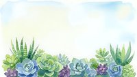 Watercolor succulent border with green blue purple plants on soft pastel background for wedding invitations greeting cards botanical designs.