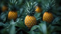 Fresh ripe pineapples growing among green leaves in tropical garden, moody dark nature photography with selective focus on center fruit.