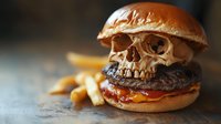 Spooky burger with skull-shaped bun, beef patty, melted cheese and french fries on rustic wooden table. Dark moody food photography with selective focus.