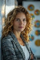 Professional young Caucasian woman with natural curly blonde hair wearing business attire stands confidently in modern office setting, perfect for corporate marketing and leadership concepts.
