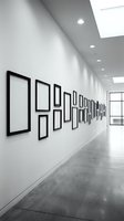 Modern corridor with empty black frames on white wall, perspective view, minimalist gallery interior, concrete floor, recessed lighting.