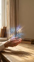 Hand holding glowing digital hologram with geometric patterns and light rays above wooden table in bright room with books and curtains.