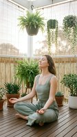 Young woman meditating in lotus position on wooden deck surrounded by lush green plants and hanging ferns creating peaceful zen garden atmosphere.
