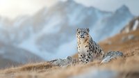Majestic snow leopard sitting on rocky terrain against backdrop of misty blue mountains, alert and watchful in natural habitat.