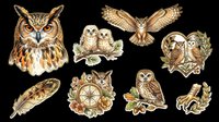 Owl collection featuring eagle owl, barn owls, flying owl, heart-shaped pair, feather, decorative compass, small owl with berries, and talons isolated on transparent background. Ready for t-shirt design, clipart, stickers, sublimation, and print-on-demand projects.