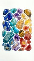 Watercolor gemstones and minerals collection featuring lapis lazuli, turquoise, amethyst, and tiger's eye on isolated white background. Perfect for jewelry design, educational materials, and decorative projects.