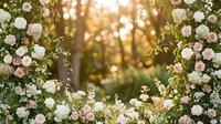 Romantic floral arch with pink and white roses creating natural wedding ceremony backdrop during golden hour sunset light filtering through trees.