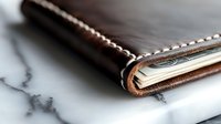 Brown leather wallet with cash bills on marble surface showcasing luxury accessories and personal finance management for business lifestyle concepts.