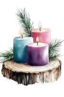Watercolor composition of three lit aromatic candles in blue, pink, and purple on wooden slice with pine branches, isolated on white background for holiday designs.