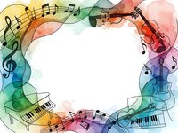 Colorful watercolor music frame with treble clef, piano keys and musical notes on white background for concert posters, music education materials.