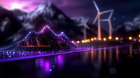 Futuristic mountain landscape with glowing purple light grid overlay reflecting in water, wind turbines and city lights against dramatic night sky with stars.
