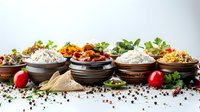 Traditional Indian curry dishes served in authentic clay bowls with basmati rice, fresh herbs and spices on white background, perfect for restaurant menu or food delivery advertising.