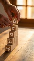 Senior hands stacking wooden blocks with insurance icons representing security, health, life, auto and home protection in warm sunlight.