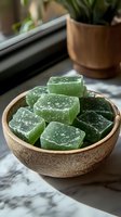 Green Turkish delight cubes dusted with powdered sugar served in rustic ceramic bowl on marble surface near window, moody natural lighting.