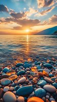 Dramatic sunset over ocean with sunlight reflecting off smooth pebbles on beach shore, golden clouds and mountain silhouette create serene coastal landscape.