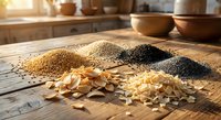 Assorted grains quinoa lentils pasta on rustic wooden kitchen counter with warm sunlight streaming through window creating cozy cooking atmosphere.