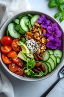 Fresh buddha bowl with sliced cucumber, cherry tomatoes, avocado, nuts, edible flowers, and yogurt dressing on marble background. Healthy vegetarian meal.